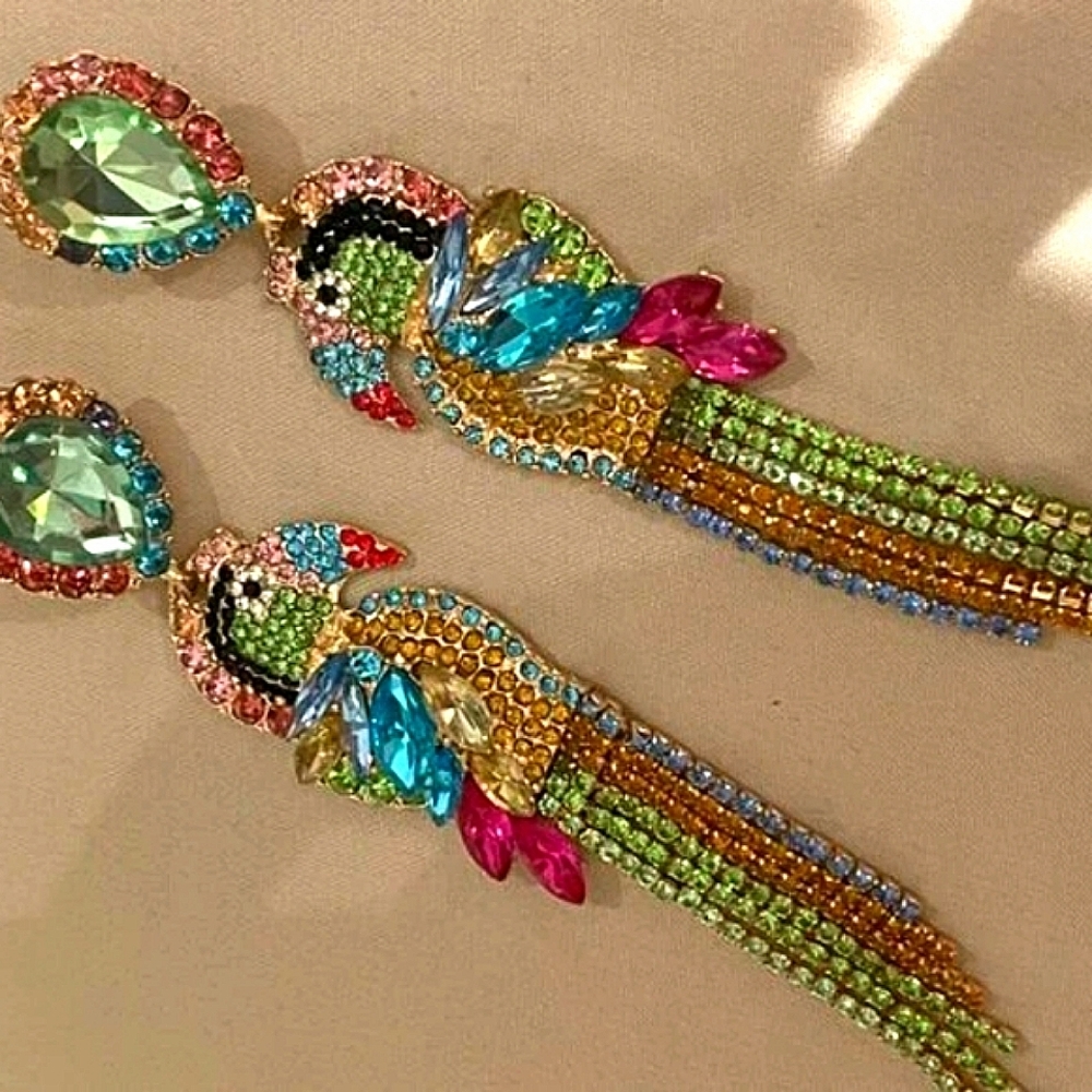 New glamorous colorful parrot bird earrings, multi-colour - Picture 5 of 7